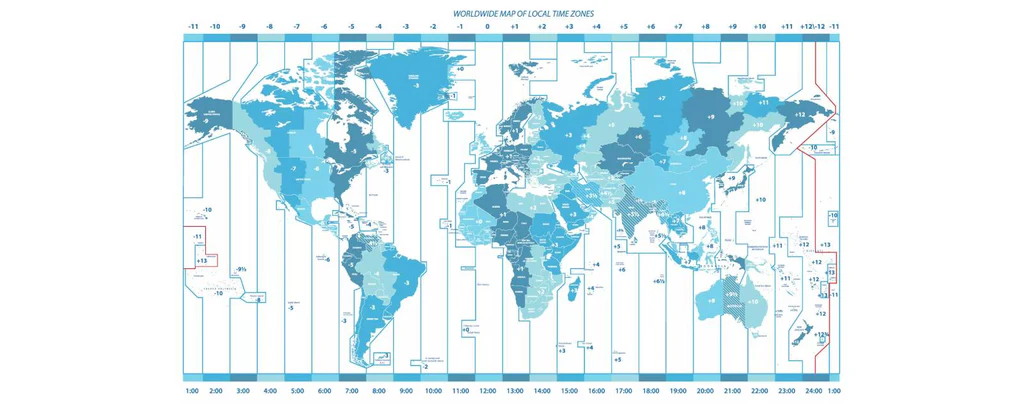 Global map illustrating time zones and GMT reference