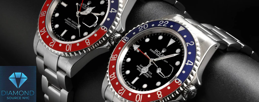Close-up of Rolex GMT dial showing the GMT hand and bezel