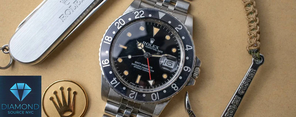 Traveler wearing a Rolex GMT-Master II while checking the time at an airport
