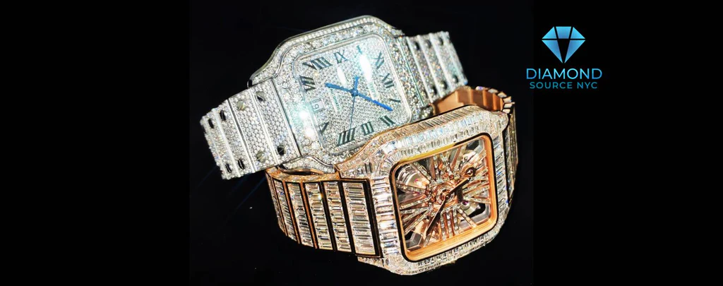A close-up image of sparkling Cartier diamond watches
