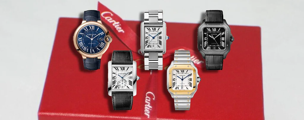 A collection of Cartier watches for men showcasing different styles