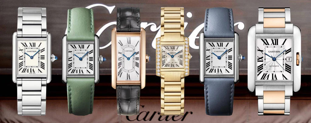 A collection of Cartier Tank watches showcasing different styles and sizes