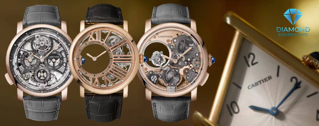 A close-up image of a Cartier watch showcasing multiple complications on the dial.