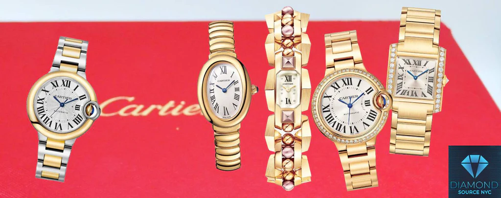 A collection of Cartier watches for women showcasing different styles and designs