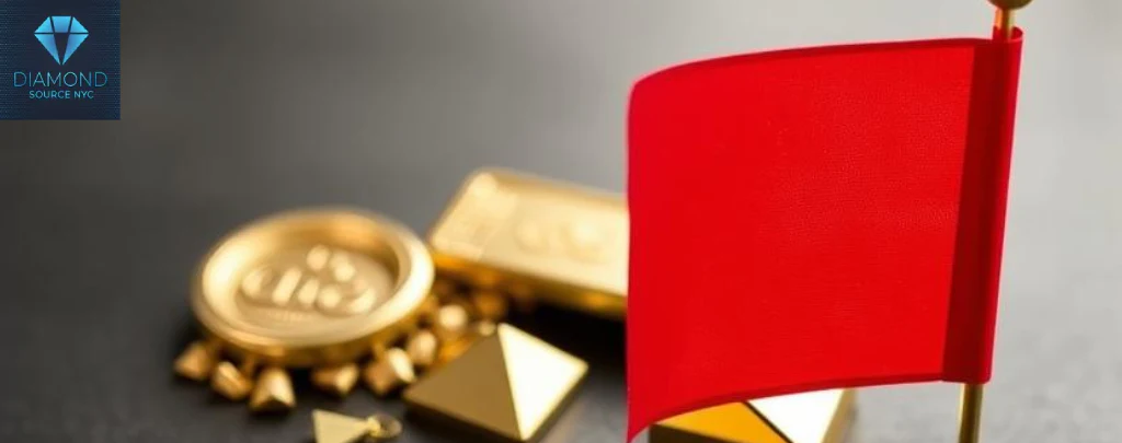 Red flag over a gold item, symbolizing common mistakes to avoid when selling gold