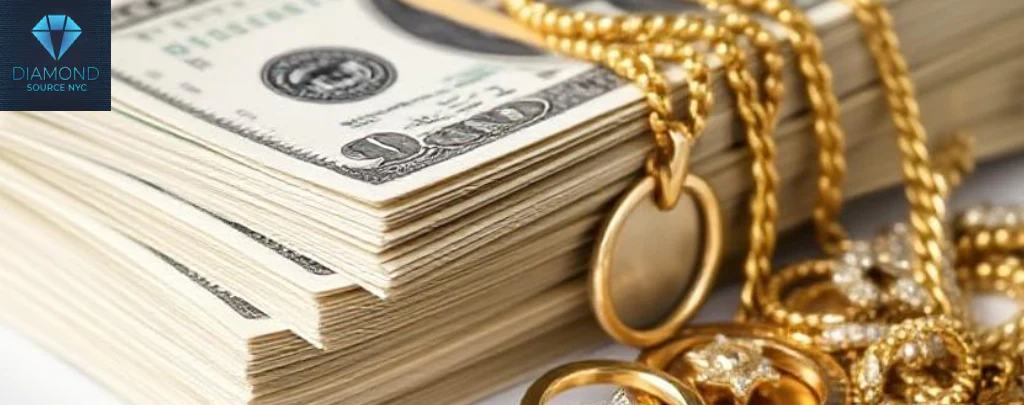 A stack of cash next to gold and silver jewelry, symbolizing fast money from a pawn shop.