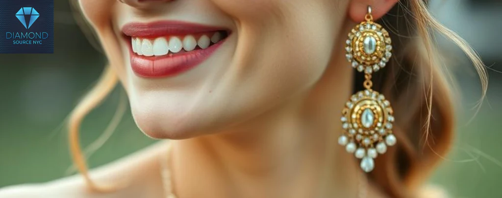 A person confidently wearing a beautiful piece of premium jewelry, smiling subtly