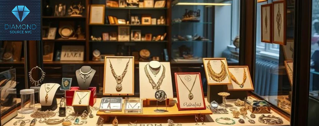 A display case with a curated selection of vintage and estate jewelry in a well-lit shop