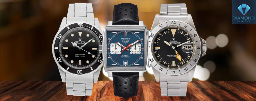 Steve McQueen’s most iconic watches: Rolex Submariner, Tag Heuer Monaco, and Rolex Explorer II.