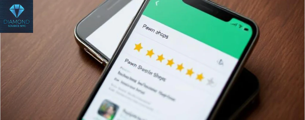 A smartphone displaying search results for 'gold and silver pawn shop near me' with highlighted reviews.