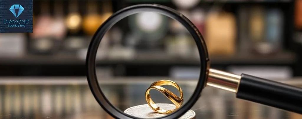 A magnifying glass hovering over a gold ring and silver coin on a pawn shop counter, symbolizing appraisal.