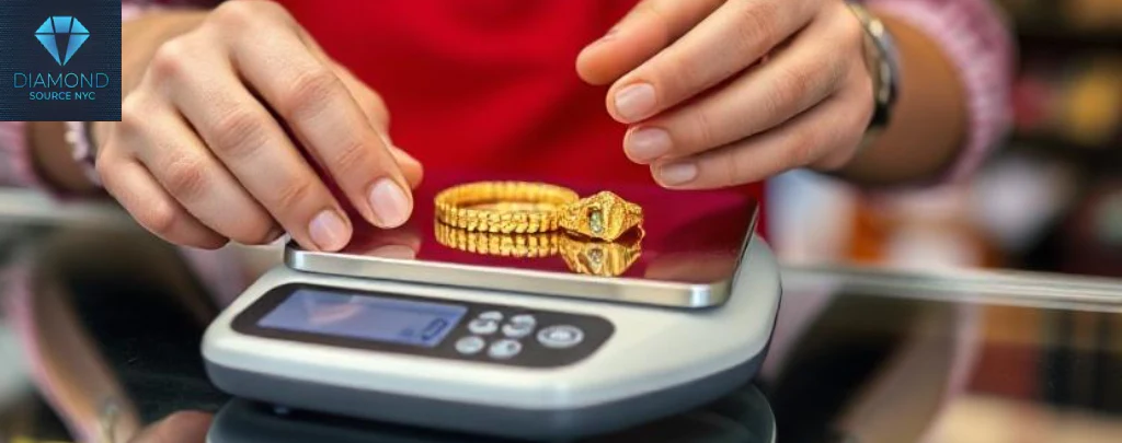 A pawn shop employee using a digital scale and testing acids on a gold item, symbolizing the valuation process.