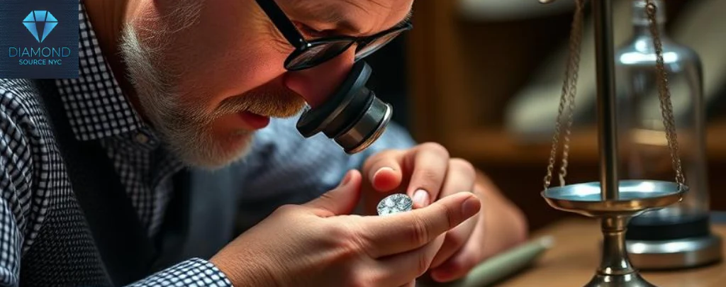 A pawn broker examining an item with a loupe, with a calculator and scales nearby, illustrating the valuation process.