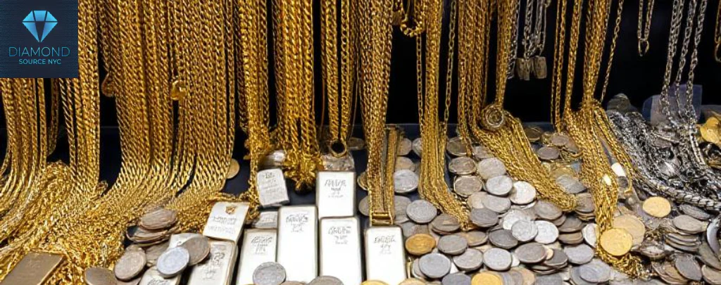 An assortment of gold chains, silver bars, and various gold and silver coins, representing common items accepted at pawn shops.