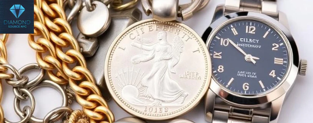A diverse collection of items commonly accepted for fast cash at pawn shops: a gold chain, silver coin, and a watch.