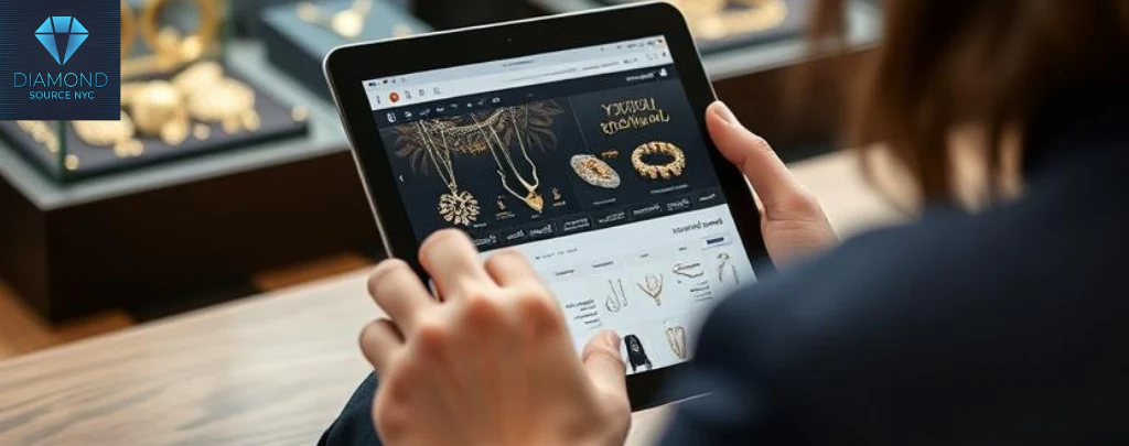 A person browsing a reputable online jewelry marketplace on a tablet, highlighting discounted prices