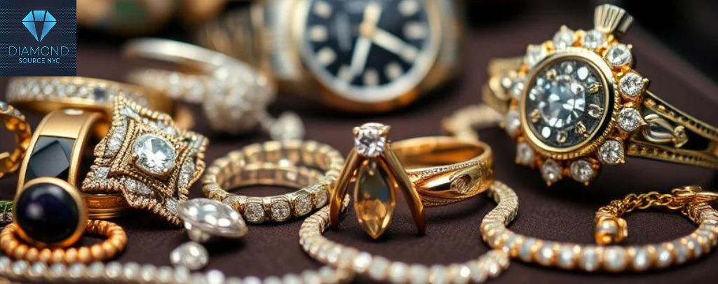 A close-up of a unique and elegant piece of jewelry found in a pawn shop display case