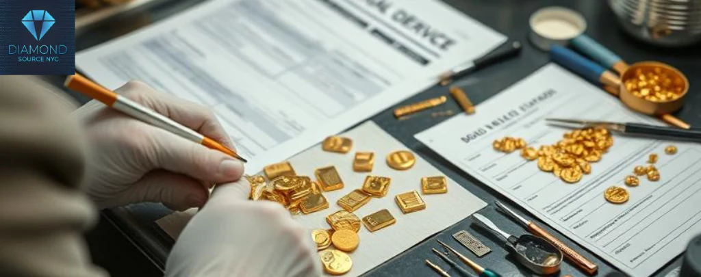 Person preparing gold items for sale, with cleaning tools and documents