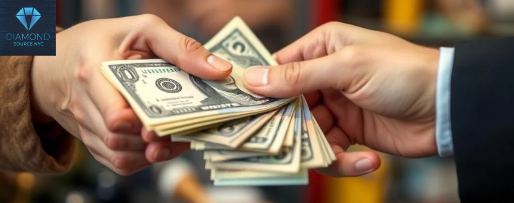 A hand receiving cash in exchange for a valuable item, signifying an outright sale at a pawn shop.
