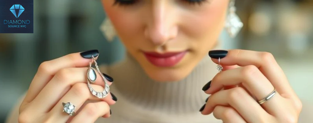 A person thoughtfully considering two different pieces of jewelry before making a purchase decision