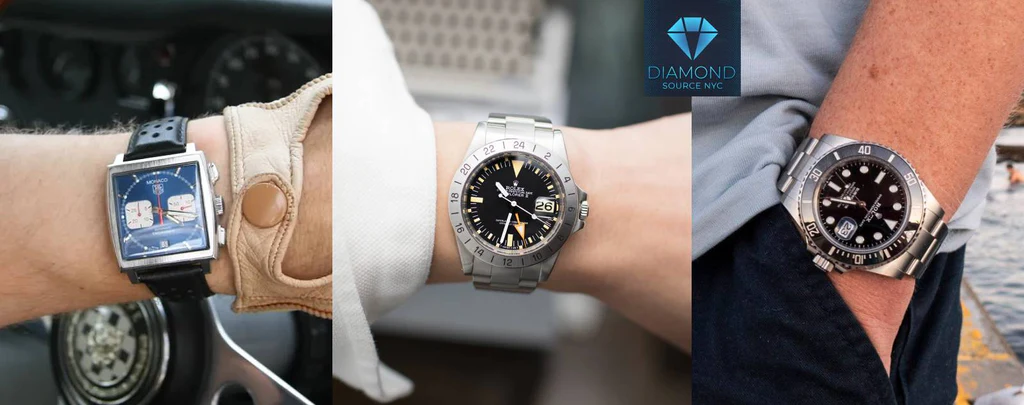 A collection of iconic watches worn by Steve McQueen: Rolex Submariner, Tag Heuer Monaco, and Rolex Explorer.