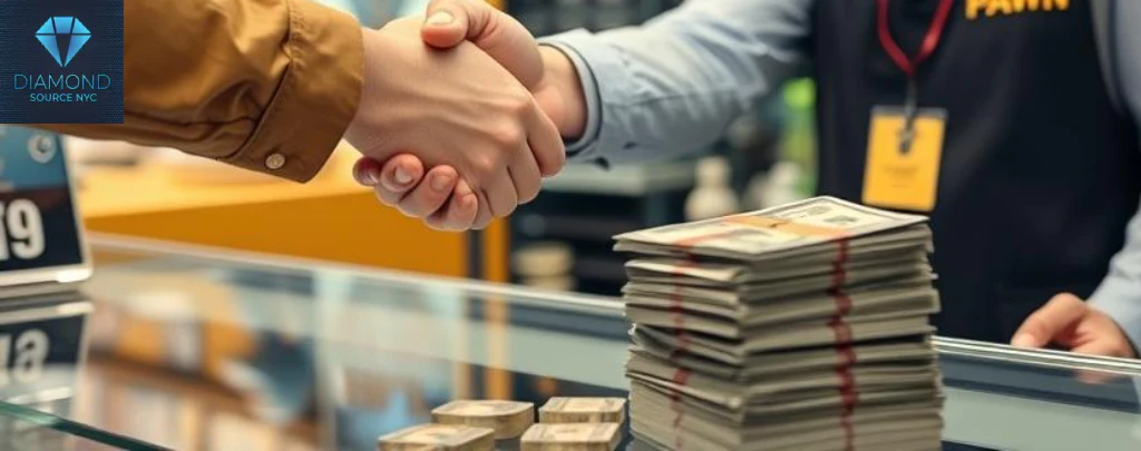 A person shaking hands with a pawn shop owner, with a stack of money visible on the counter, symbolizing a successful fast cash transaction.