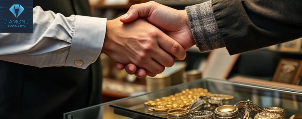 A handshake between a customer and pawn shop owner, with gold and silver items on display, signifying a completed deal.