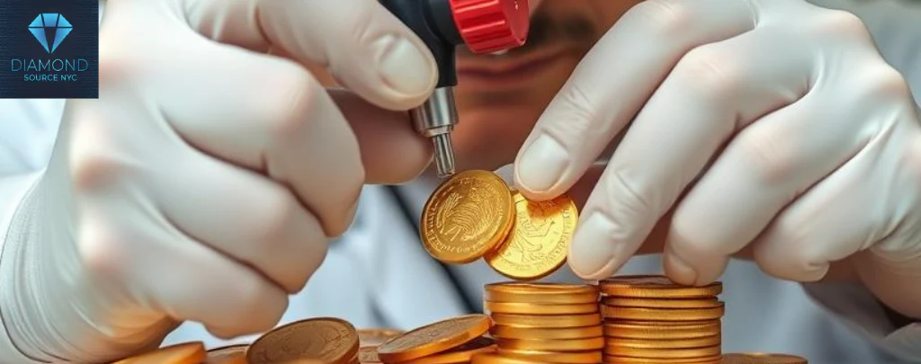 Person examining gold jewelry and coins to understand its type and purity