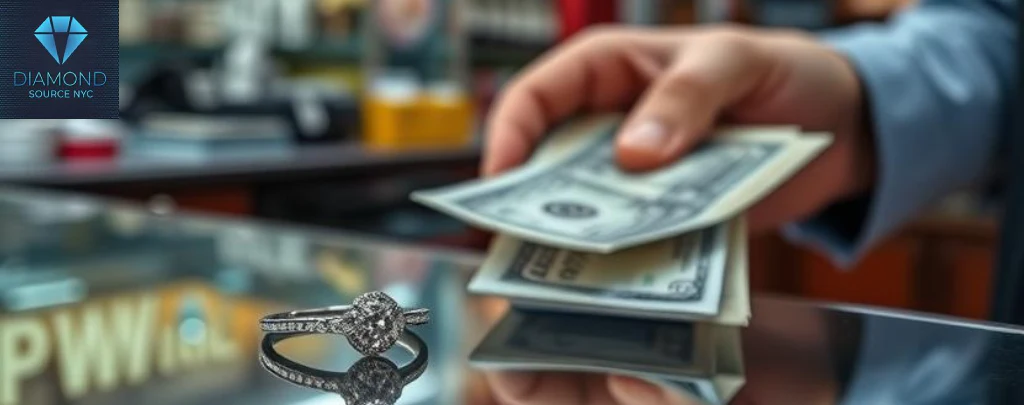 A person handing a ring to a pawn shop employee.