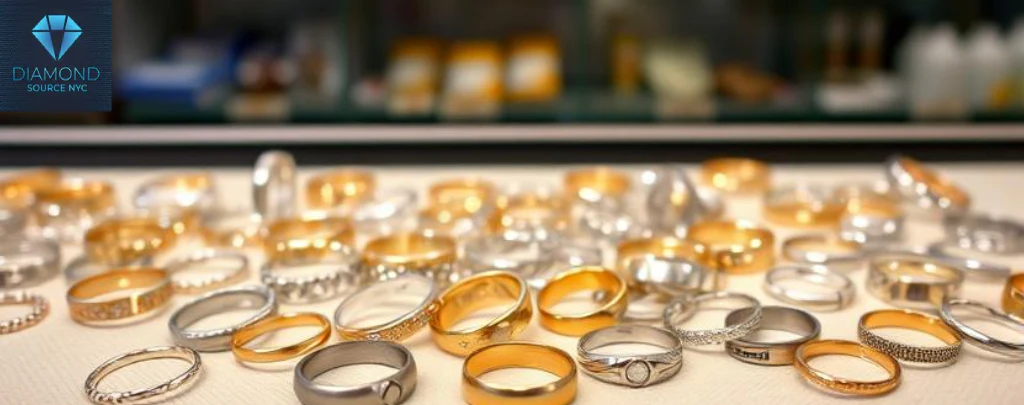 A variety of rings displayed in a jewelry case.