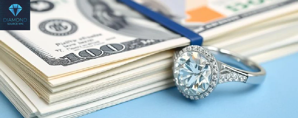 A woman holding a stack of cash in one hand and a pawn shop receipt in the other, with a jewelry store in the background.