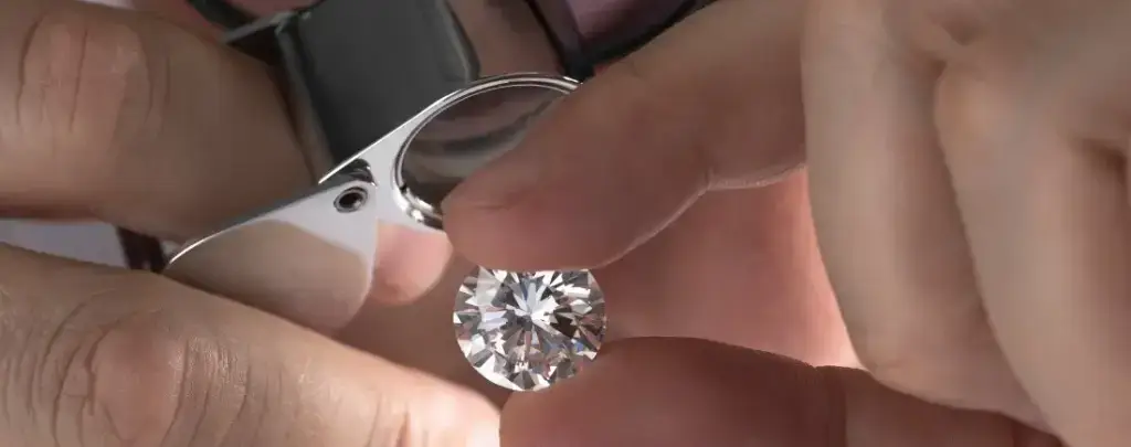 Magnifying glass inspecting a diamond ring for quality.